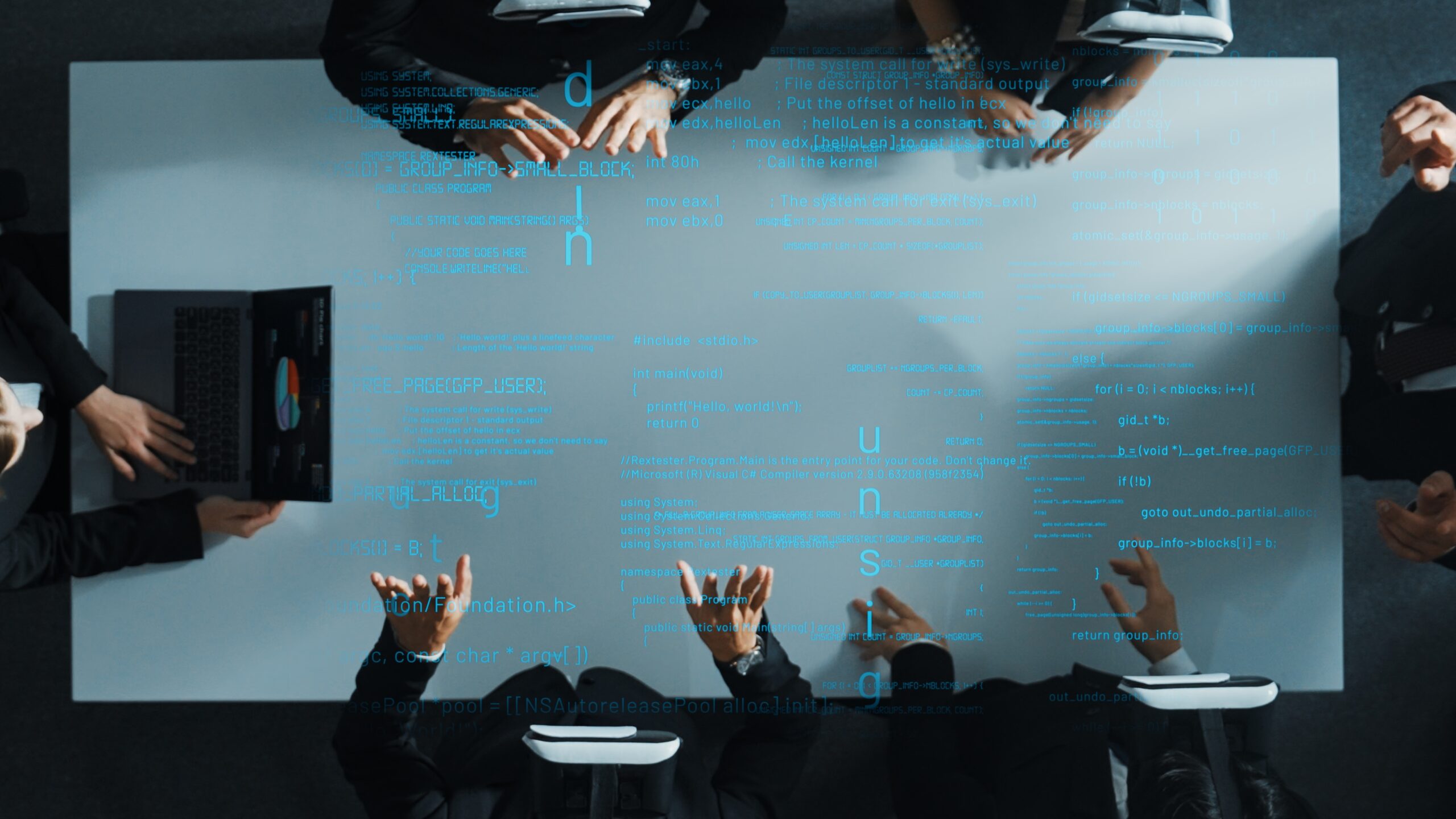 Top down aerial view of manager using laptop send data analysis while smart business team wear vr and working in metaverse or virtual program with hologram of coding engineering prompt. Directorate.