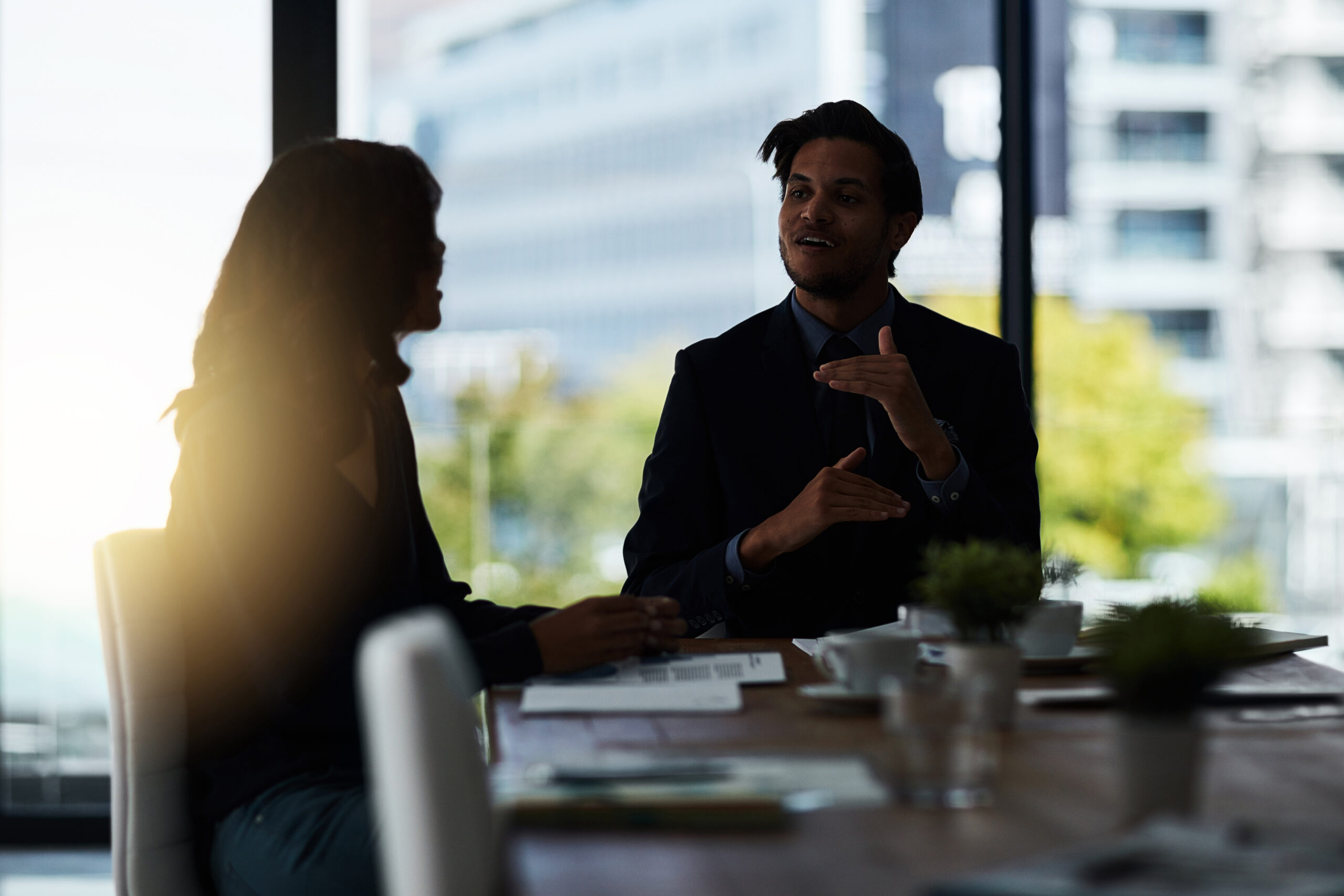 Shot of two silhouetted businesspeople having a meeting in the boardroom.